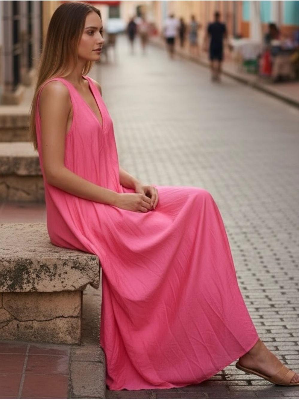 Soft Surroundings Mizu Crinkle Maxi Tank Dress Sunkist Coral Sz.L Resort Beach